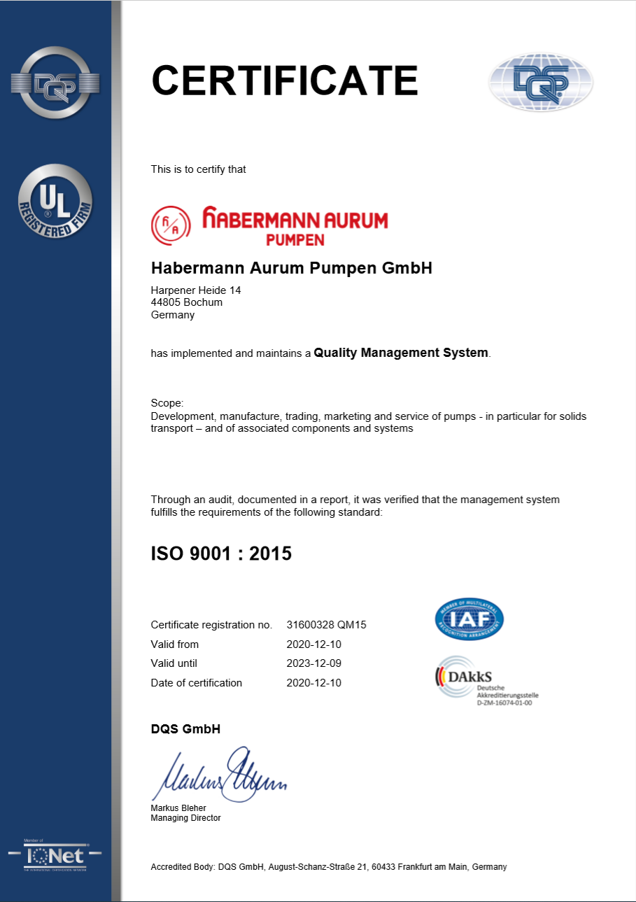 Das QM Zertifikat der GQS GmbH bescheinigt der Habermann Aurum Pumpen GmbH ein umfassenden Qualitätsmanagement eingerichtet zu haben.