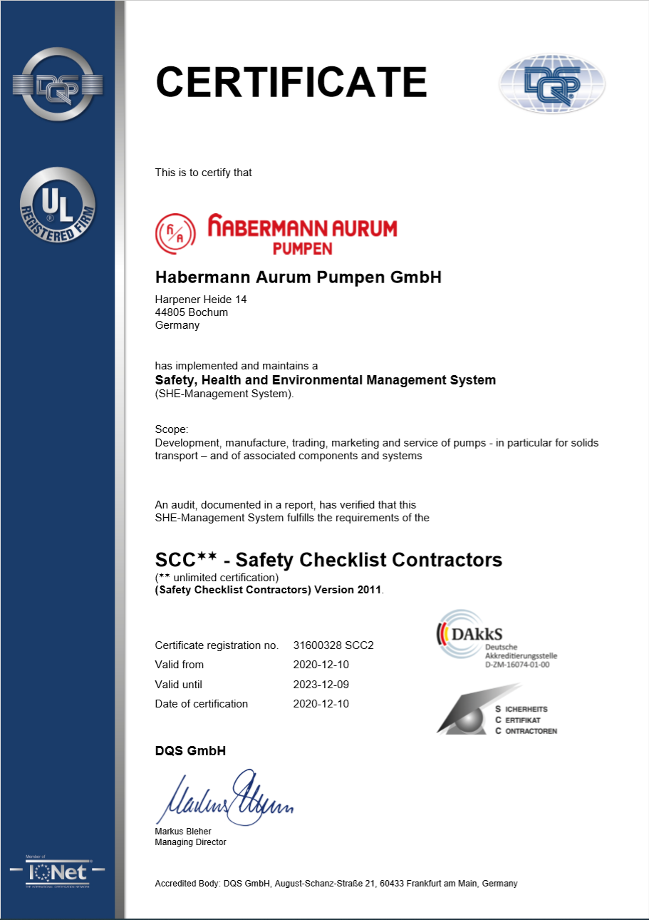Das SCC Zertifikat ausgestellt durch die DQS GmbH bescheinigt der Habermann Aurum Pumpen GmbH ein umfassenden Sicherheits-, Umweltschutz- und Gesundheitsmanagement.